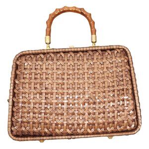 Rare HTF Vintage Gaymode Vinyl PVC Coated Woven Wicker Bag Bamboo Handle Brown